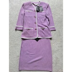 NWT $1445 ST JOHN Lavender Knit Suit Set – Pearl Trim Blazer & Skirt Size 8